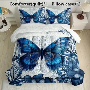 3pcs Vibrant Blue Butterfly Floral Quilt Set - Soft, Breathable, and Comfortable All-Season Quilted Bedding for Home Dormitory - Includes 1 Quilt and 2 Pillowcases Without Pillow Insert