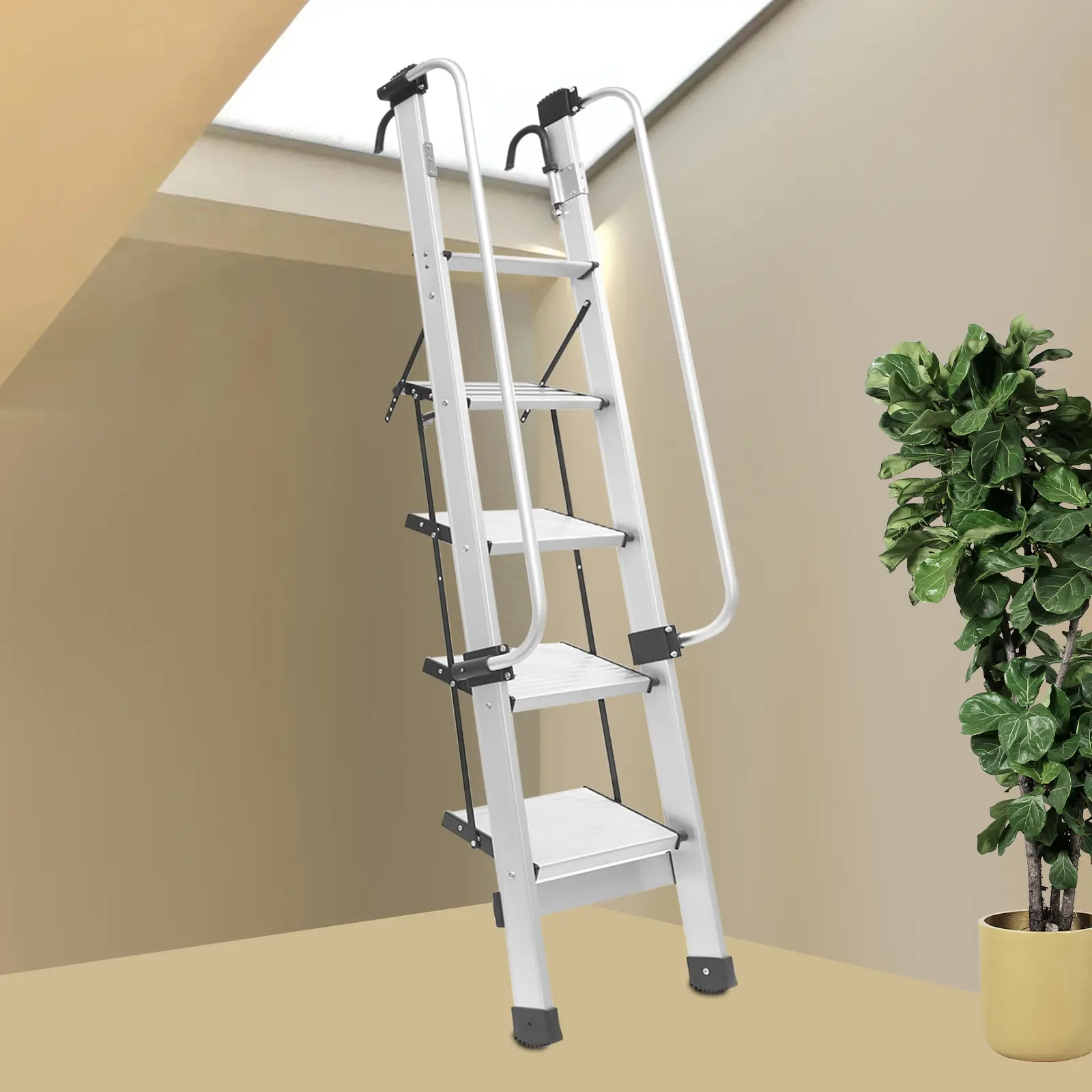 Heavy Duty 5-Step Ladder Aluminum 330LB Weight Capacity, Foldable ...