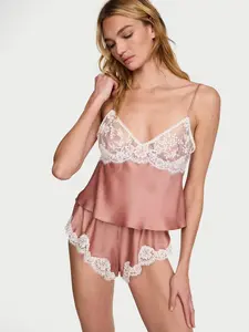 Victoria's Secret Satin Lace-Trim Cami & Flutter Shorts Set