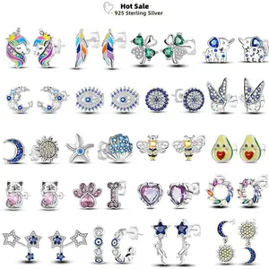 Clover Unicorn 925 Silver Stud Earrings Heart Shape Star Moon Blue Zircon Eyes Ear Women Original Hoop Earrings Fashion Jewelry