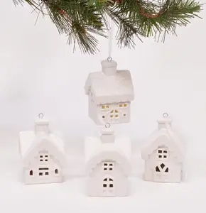 Unglazed Porcelain Mini Christmas Village Houses, 4 Piece LED Lighted Tree Ornaments, 3 Inch Winter Village Decor, Hanging Holiday Decorations