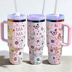 1pc Mama Flowers and Butterflies 40oz Tumbler with Handle, Laser Engraved, Gifts for mom, Gifts for her, Mothers Day, Mom Gift