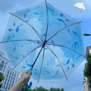 2026 New Blue Ocean Automatic Portable Folding Umbrella, Durable Reinforced 8 Ribs, Fish Art Design, Cute Cartoon Style, Perfect Gift