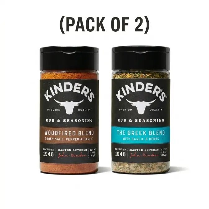 Variety Pack of 2 Kinders Seasonings, The Greek Blend 5 oz & Woodfired Blend 6.4 oz