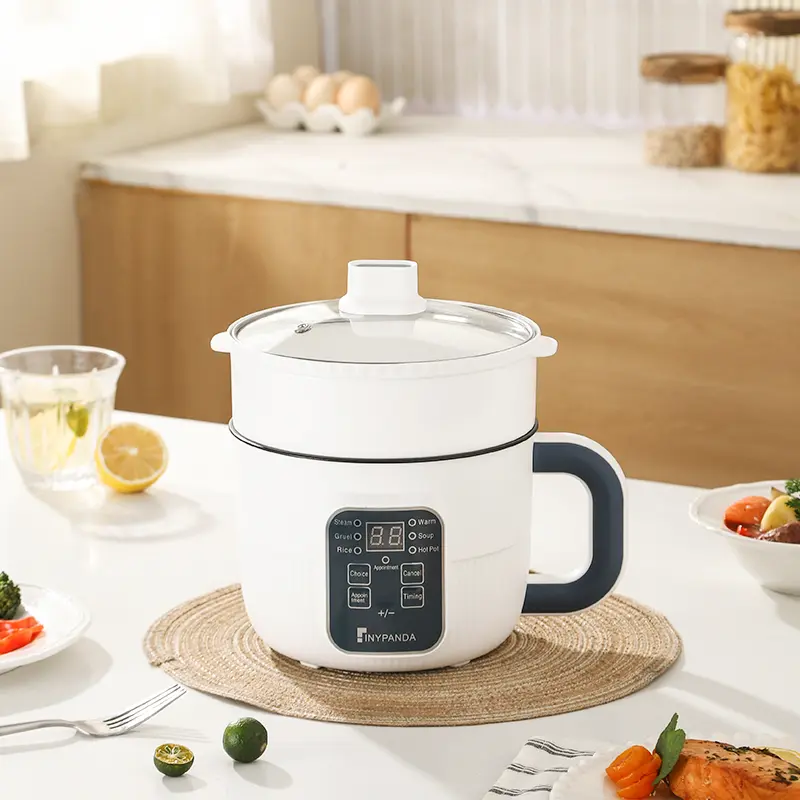 Compact Double-Layer Electric Rice Cooker with Ceramic Coat Nonstick Inner Pot, Detachable Cord, Steaming Basket, 1-Button Operation, Rapid High-Heat Boil, Multi-Cook Functions (Braising, Stewing) for 2-3 Small Groups