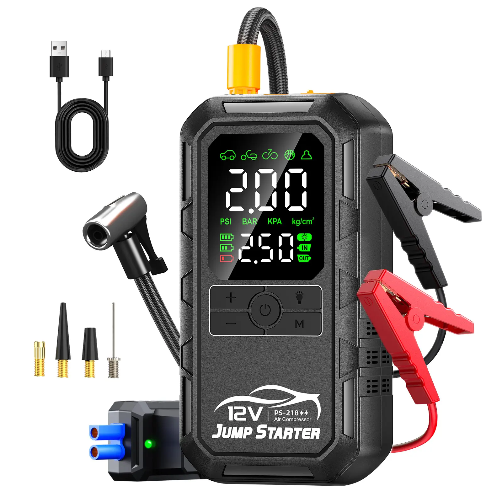 10-in-1 Car Battery Jump Starter with Air Compressor 8000A 160PSI Portable Car Jumper Starter (All Gas 12L Diesel), 12V Jump Box Car Battery Jump Starter Portable Jumper Cables, Lights