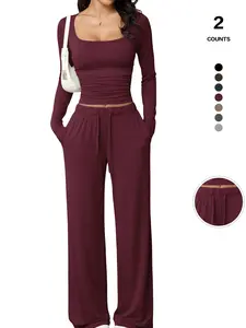 Women's Square Neck Short Top & Ankle Cuff Pants Sporty Set, Spring 2026 New Arrival, Casual Fall, Comfortable Fashion Sportswear