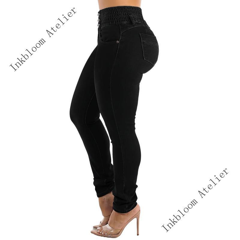 InkbloomAtelierWomen'SHighWaistSkinnyJeans,PolyesterRayonSpandexBlend,HighStretch,SolidColor,ButtonDetails,All-Season,StreetStyle