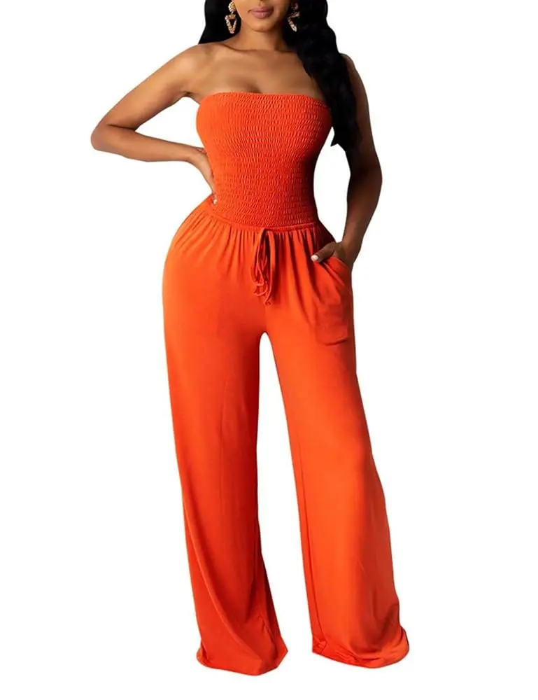 Elastic Smocked Wide Leg Jumpsuit Strapless Tube Top Flare Long Pants Romper With Pockets