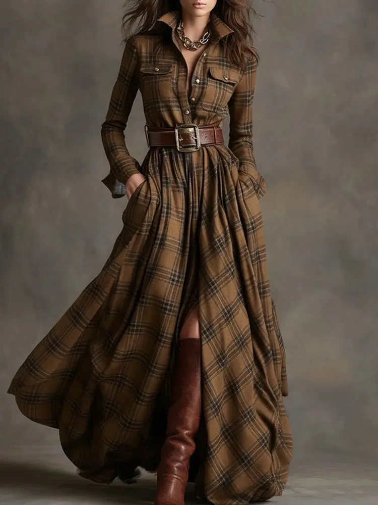 French Vintage Plaid Women Dress