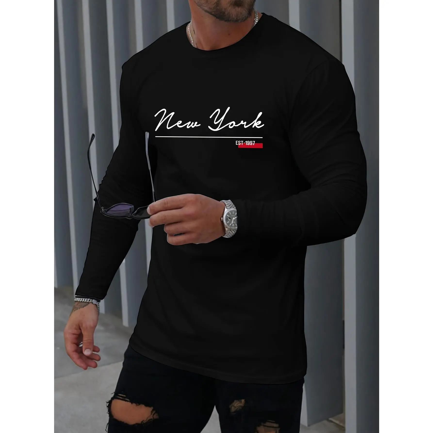 Men's Casual Long Sleeve Tshirt - "NEW YORK" Print, Stretch Polyester & Elastane Fabric, Crew Neck, Non-Transparent Menswear Sports Top, Ideal for Fall/Winter