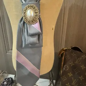 Vintage Tie Necklace with Brooch - Gray and Pink Striped Design with Pearl Accent
