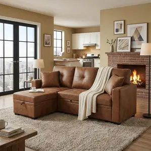 L-Shaped Sleeper Sectional Sofa with Pull-Out Bed, Reversible Chaise and Hidden Storage,  Convertible Sofa Bed for Small Space Living Room Furniture,Light Brown