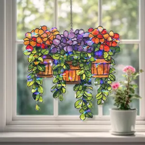 Hanging Basket Flower Acrylic Suncatcher, Orange Red Purple Blooms with Green Leaves, Garden Window Decor Gift