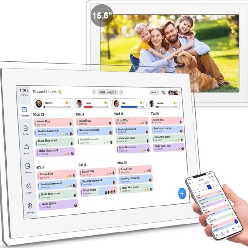 15.6" Touch Screen Digital Wall Calendar - Chore Chart, Photo Frame, Refillable, Real-Time Google/Outlook/iCloud Sync, Meal Planning Tool for Family Organization, No Subscription Fees