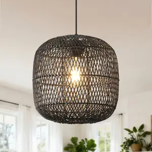Black Rattan Pendant Light, 11in Hand-Woven Wicker Boho Hanging Light Fixture for Kitchen Island Dining Room