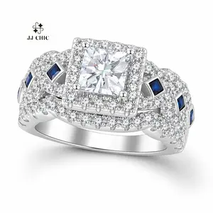 JJ CHIC 3CT Princess Cut Halo Ring with Blue Gems Band 5A Cubic Zirconia Engagment Bridal Ring Vintage Anniversary Wedding Gift for Her