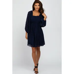 Navy Textured Dot Smocked Square Neck Chiffon Dress