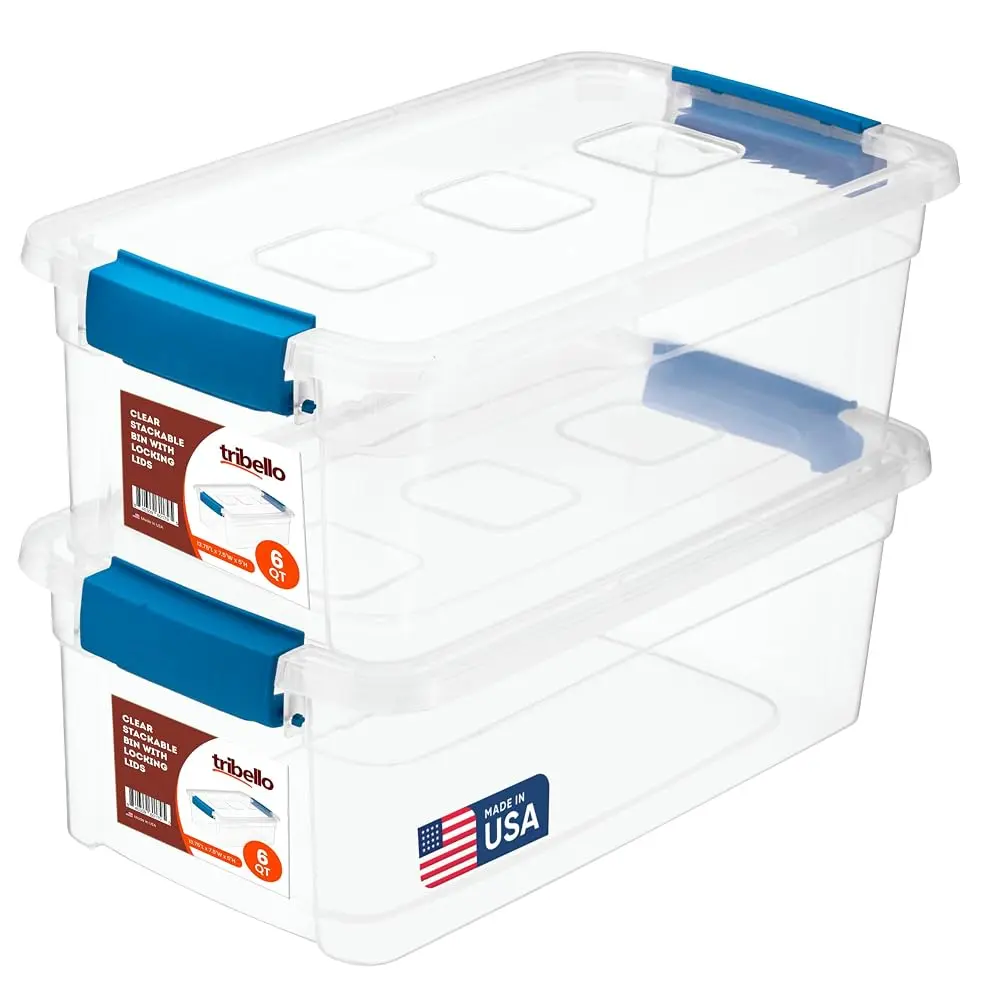Tribello 6 Quart Clear Plastic Stackable Storage Bins with Lids for Home Organization - 2 Pack
