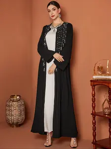 Women's Elegant & Beaded Evening Gown Robe, Long Coat with Pearl Fringe, Formal Party Dress, Classy Modest Dresses, Stylish Fit and Sophisticated Elegance, Long Sleeves Womenswear