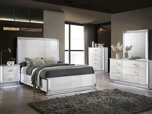 FM72010WH-4PC 4 pc set Hazeline white finish wood crystal like accents headboard queen bedroom set LED lighted accents