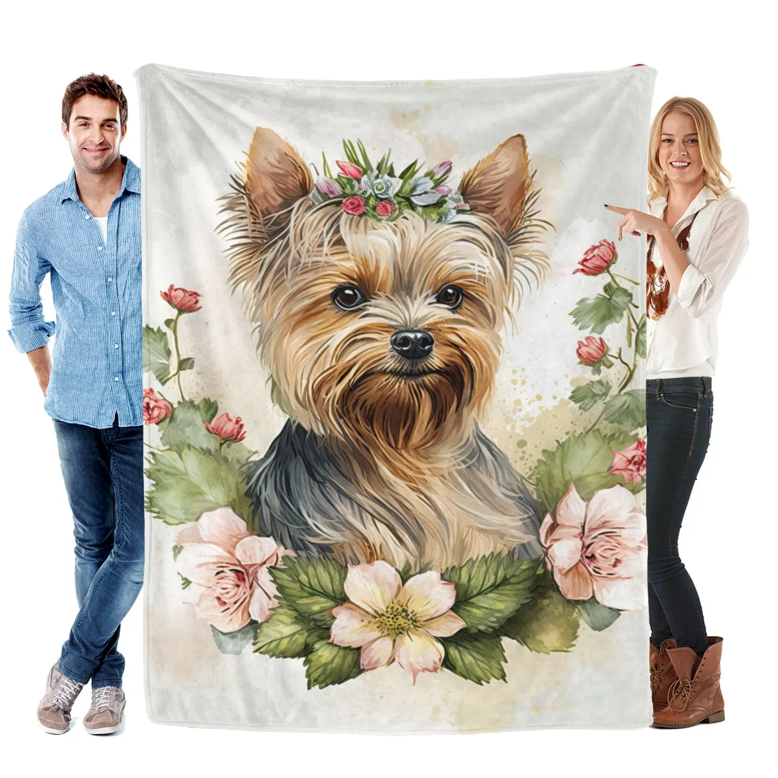 Yorkie with Floral Wreath Flannel Throw, Soft Blanket for Dog Enthusiasts, Perfect Gift for Dog Owners