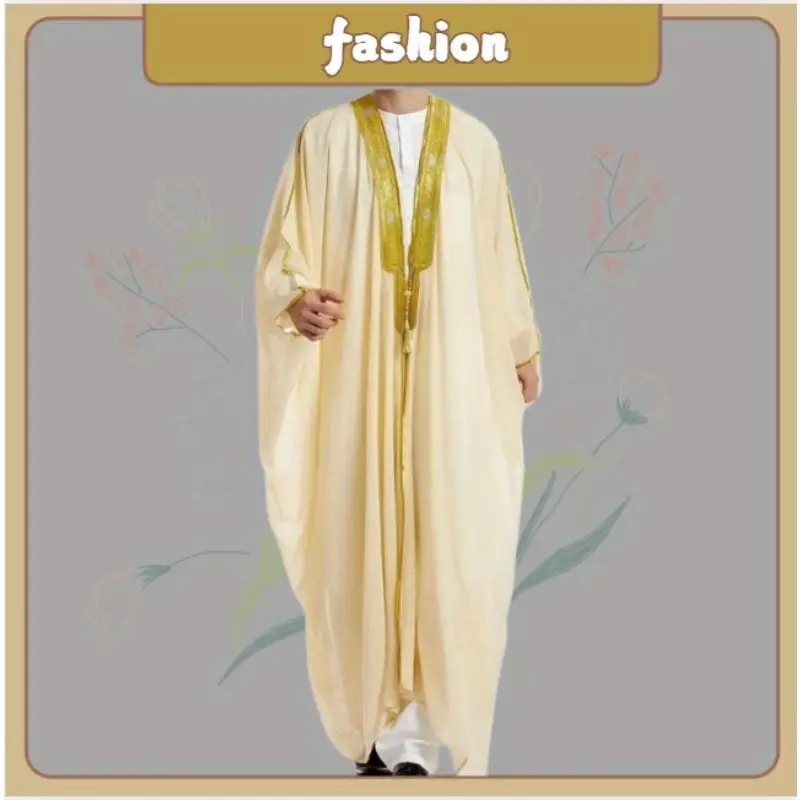 Elegant Muslim Thobe Gold Fringe Beige Robe Islamic Theme Outfit for Men Wedding Cultural Occasion Durable Wear traditional arabic thobe mens thobe