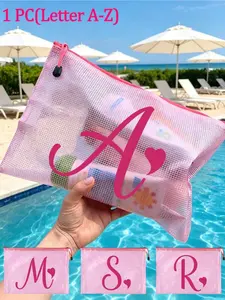Rose red waterproof fashion mesh beach bag with rose red artistic letters A-Z print, beach theme. Large capacity transparent makeup bag, nylon zipper makeup and toiletry bag, lightweight, can hold sunscreen, snacks, bikini, and beach essentials.