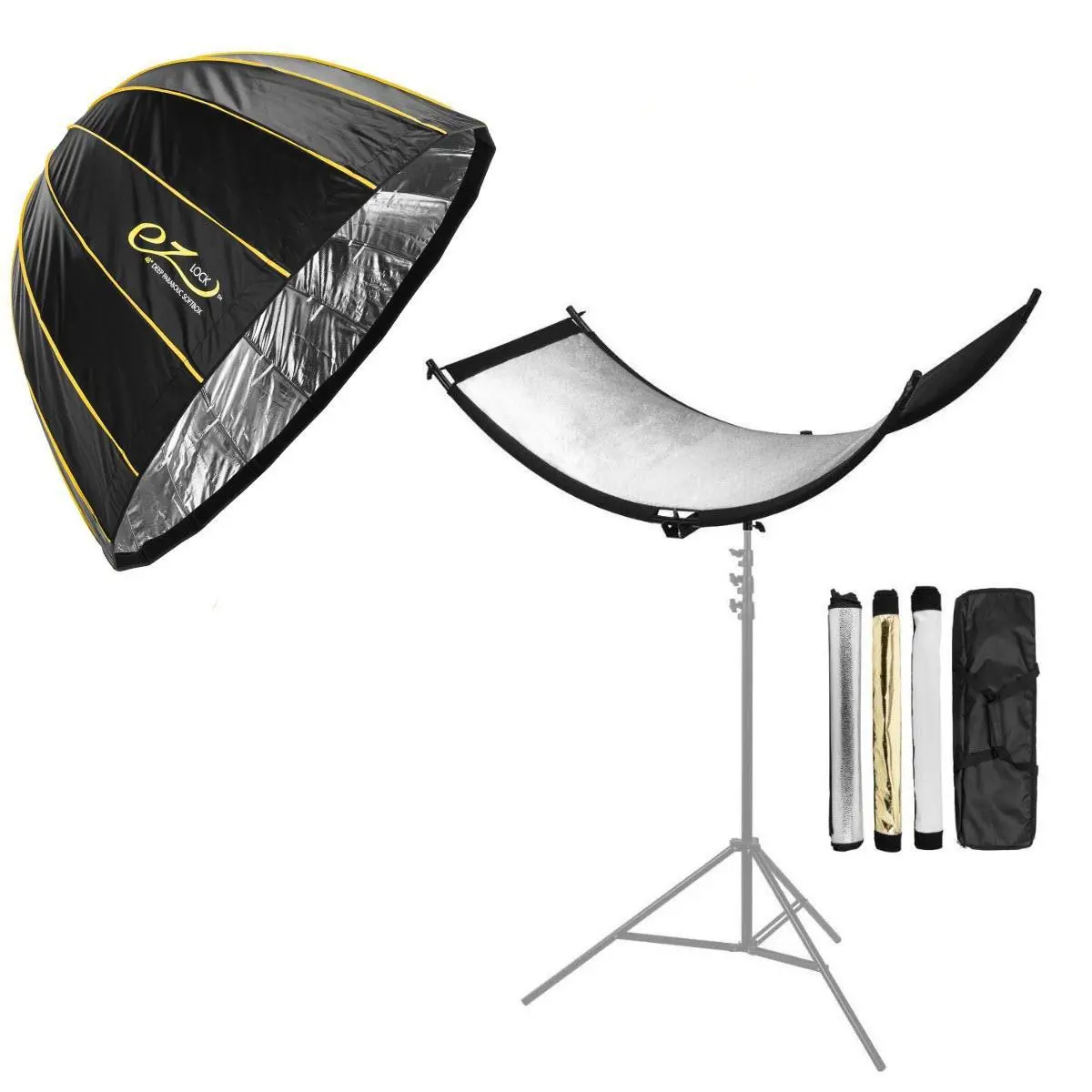 Glow EZ Lock 48" Deep Parabolic Quick-Setup Softbox + ArcLight II Curved Reflective Kit, Bowens Mount, with White, Gold, Silver Reflectors for Studio Photography, Videography