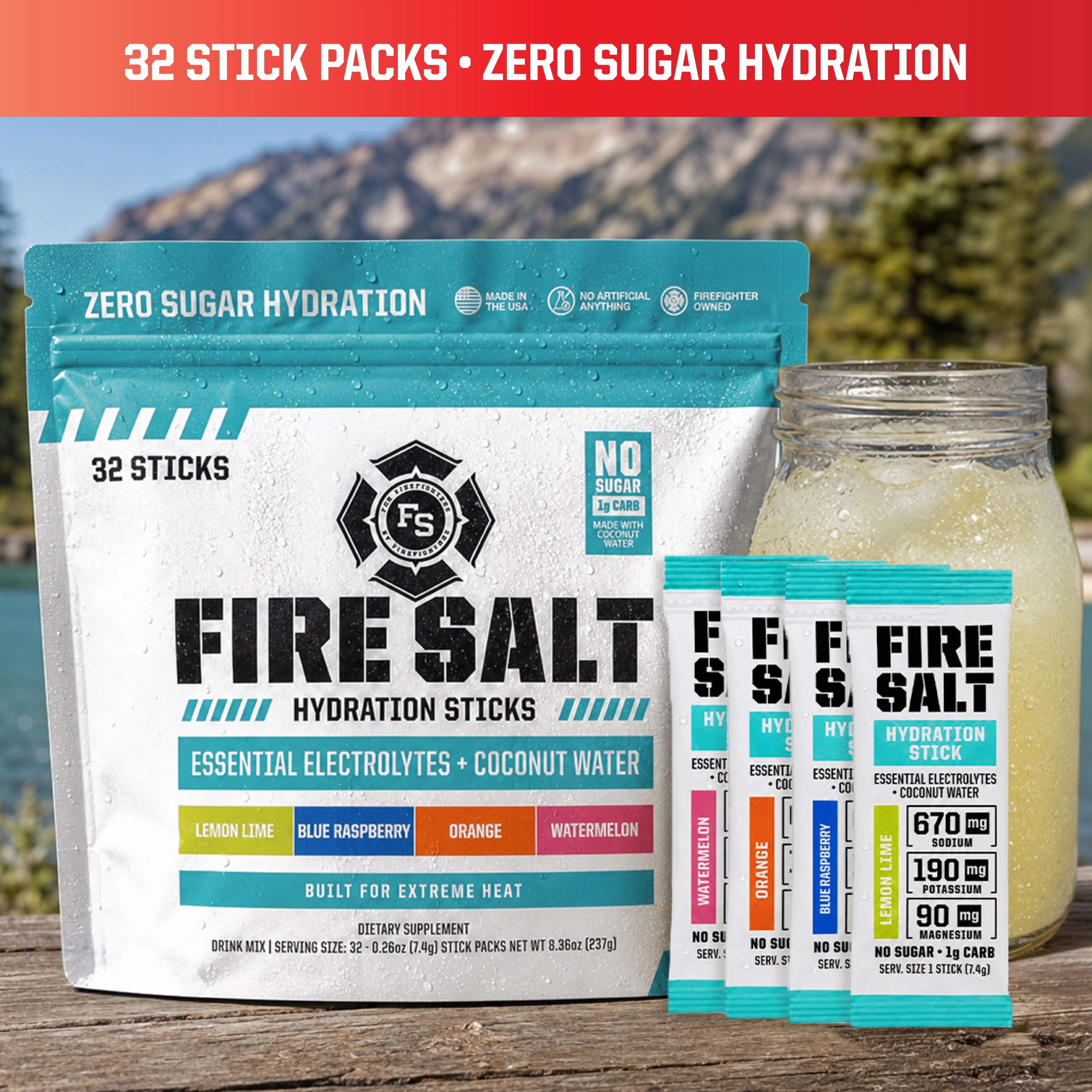 Fire Salt Electrolyte Powder Packets 32-Pack – Zero Sugar Hydration Drink Mix with Coconut Water & 3X Electrolytes – Variety Flavor Sticks for Workout, Recovery, Sauna, Endurance & Outdoors – Keto Friendly, Natural Ingredients, No Artificial Sweeteners