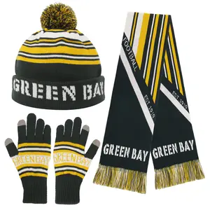 Knitted Green Bay Ribbed Hat Scarf & Gloves Set Jacquard Design Elastic Warm Winter Accessories for Men Women