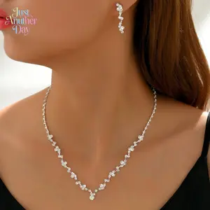 Women's Sparkly Full Diamond V-Necklace & Matching Drop Earrings Set, Cubic Zirconia Clavicle Chain, Silver-Tone Luxury Accessories, Ideal for Weddings & Daily Wear, Accessories For Women