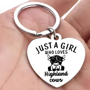 1/20pcs Heart-Shaped Stainless Steel Charming Highland Cow Keychain - Letter Detail, Perfect Gift for Farmers & Animal Lovers, Portable Keychain, Keychain for Bags