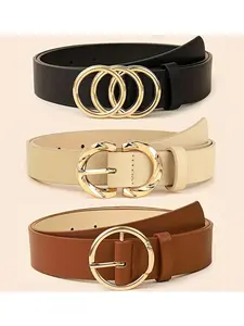Women's Three-Piece Belt Set, Smooth Buckle Design, Simple Fashion PU Leather Belts, Suitable for Commuting and Business Occasions