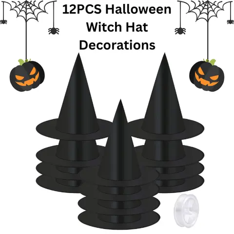 12PCS Halloween Witch Hat Decorations with 100 Yards Hanging Rope – Spooky Yard Decor for Halloween Party, Outdoor & Indoor Halloween Display