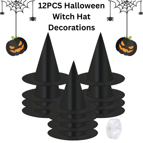 12PCS Halloween Witch Hat Decorations with 100 Yards Hanging Rope – Spooky Yard Decor for Halloween Party, Outdoor & Indoor Halloween Display
