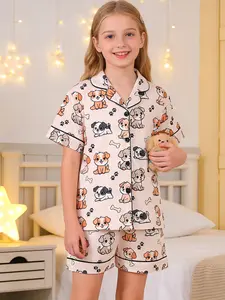 2-Piece Summer Kids Fire-Resistant Pajama Set, Short Sleeve Button Front, Cartoon Dog Print, Unisex, All Seasons, Festival Party, Print Sleepwear