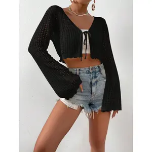 Women's Crochet Cardigan Tie Front Tops Boho Bell LongSleeve Lightweight Cover Up,delicate hollow crochet craft, soft breathable texture, retro bohemian charm, loose comfy fit for vacation and daily casual layering