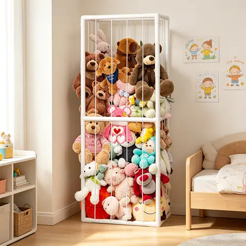Plushie Paradise Extra-Large Plush Toy Storage Rack - Adjustable Elastic Bands, Thick PVC Tubing, Doors, Wooden Box & Containers, Durable Room Storage Solution for Playrooms, tiktokshopspringglowup summervibes