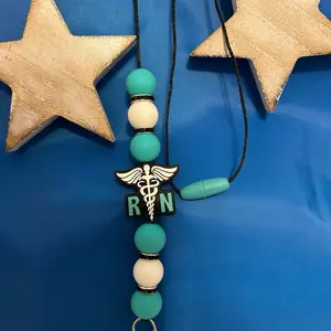 Lancets for Name Badges - RN Design with Teal and White Beads on Black Cord