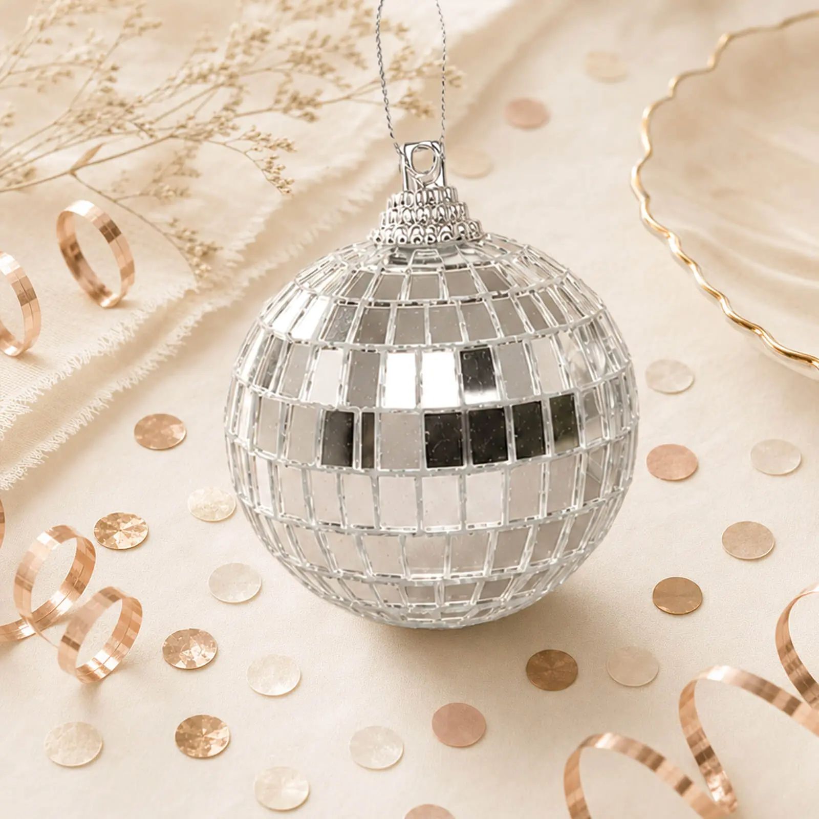 4-Pack 4" Silver Foam Disco Mirror Balls with Hanging Strings, Party Lights, Disco DJ Lights, Festive Decoration, Home Ornament, Wedding Accent, Christmas Decor Set