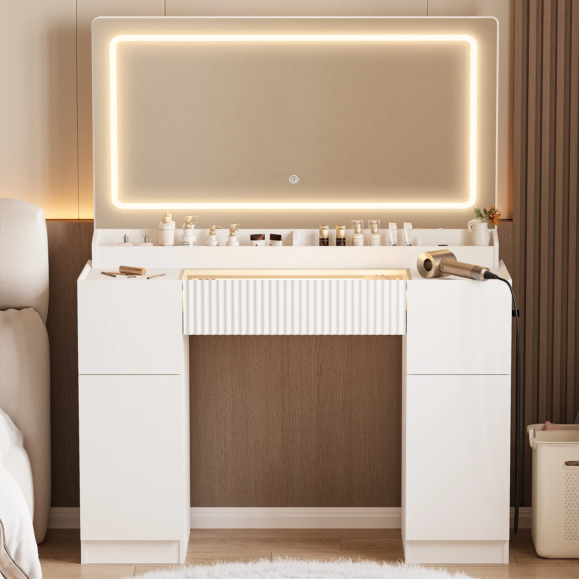 44" Makeup Vanity with Mirror and Lights, Glass top Vanity Desk with Fluted Storage Drawer, Cabinet,3 LED Lights Modes, Power Outlet for Bedroom