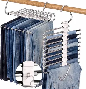 Space Saving Pants Hanger, Stainless Steel Jeans Hanger with Pull-Out Rods, 2 Ways to Hang Vertically or Horizontally, Closet Organizer for Jeans, Slacks and Trousers