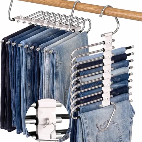 Rust-Resist Steel 9-Tier Minimalist Heavy Duty Hangers - Foldable Pants Storage Hanger with Slide Retractable Rods, Adjustable Hook, 2 Vertical-Horizontal Hanging Ways, Closet Storage Organizer for Jeans, Slacks