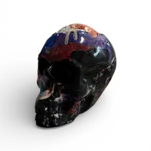Hand-Cast Gothic Skull Sculpture Macabre Horror Decor with Vibrant Colors and Intricate Details
