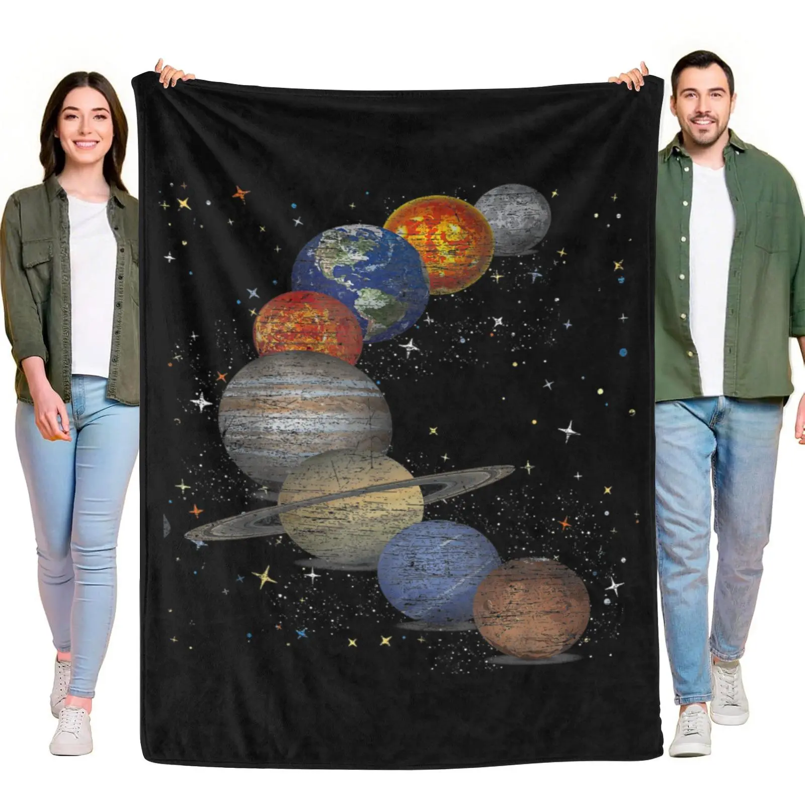 Flannel Throw Blanket, Solar System Planets Retro Distressed Outer Space Galaxy Star Astronomy Science Art Black Background Space Lover Blanket