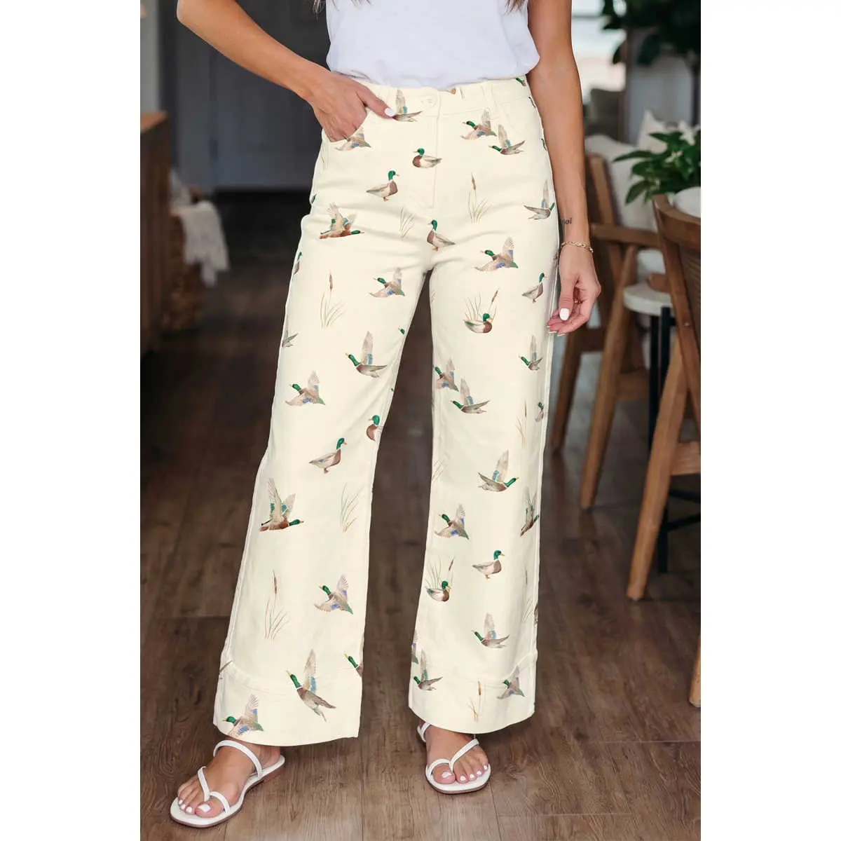 Women's Duck Print Wide Leg Jeans High Waisted Vintage Loose Fit Casual Denim Pants Y2K Streetwear Fashion