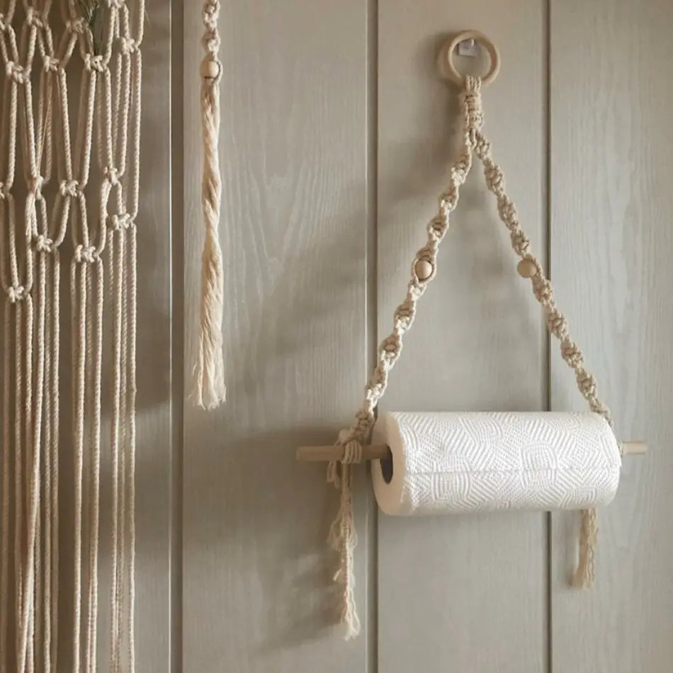 Boho Macrame Wall Bag Hanger - Handwoven Polyester Wall-Mounted Organizer with Storage Pockets, Wooden Rod, Sturdy Multifunctional Decor for Bedroom, Living Room
