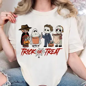 Trick Or Treat Chibi Horror Character Shirt, Halloween T-Shirt, Horror Movie Shirt, Scary ,  Comfort, Versatility, Casual Affordability, Variety of Designs Style, Easy Maintenance, Unisex AppealGhost Shirt, Horror Movie Gift, Funny Halloween Tshirt Cotton