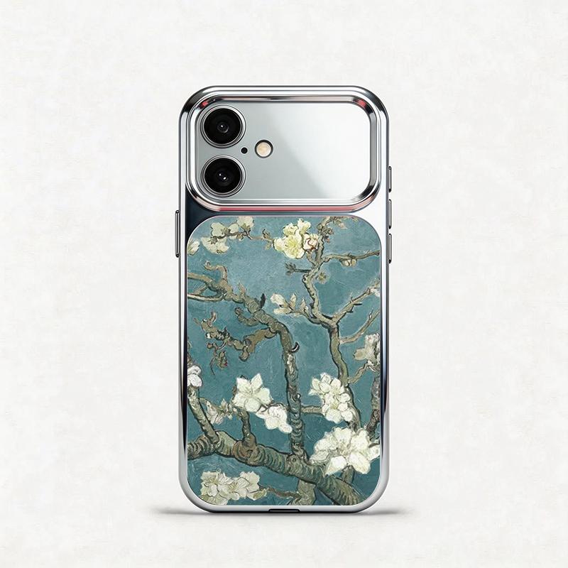 Glass Shockproof Electroplated Silver/Black Branch Flower Oil Painting iPhone 17ProMax Cover Precise Hole Alignment For Lens Frame 15ProMax Anti-yellow | 14ProMax Anti-fall | 13ProMax Ultra-thin Design 16ProMax AirPhoneCase